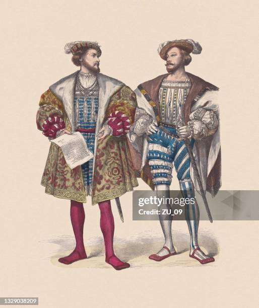 henri d'albret and claude de lorraine, hand-colored woodcut, published c.1880 - knickers stock illustrations