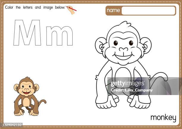 vektorillustration der malbuchseite für kinder mit umrissener clipart zum ausmalen. buchstabe m für affe. - ausmalen stock-grafiken, -clipart, -cartoons und -symbole