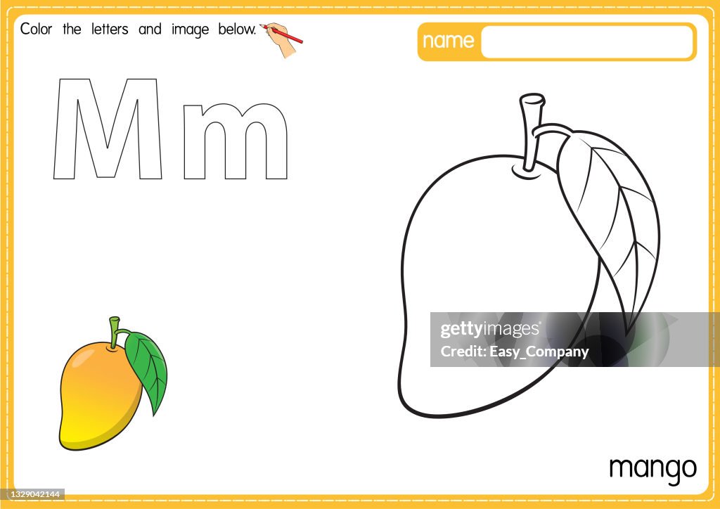Vector illustration of kids alphabet coloring book page with outlined clip art to color. Letter M for Mango.