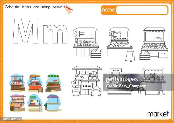 vector illustration of kids alphabet coloring book page with outlined clip art to color. letter m for market. - market stall stock illustrations