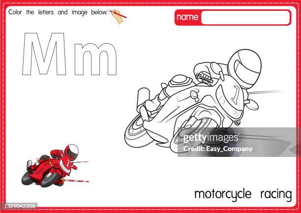 vector illustration of kids alphabet coloring book page with outlined clip art to color. letter m for  motorcycle racing. - world superbikes practice stock illustrations