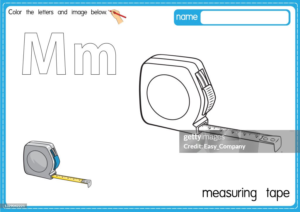 Vector illustration of kids alphabet coloring book page with outlined clip art to color. Letter M for Measuring tape.