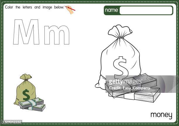 vector illustration of kids alphabet coloring book page with outlined clip art to color. letter m for  money. - american one hundred dollar bill stock illustrations