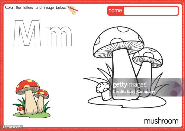 bildbanksillustrationer, clip art samt tecknat material och ikoner med vector illustration of kids alphabet coloring book page with outlined clip art to color. letter m for  mushroom. - paper clip