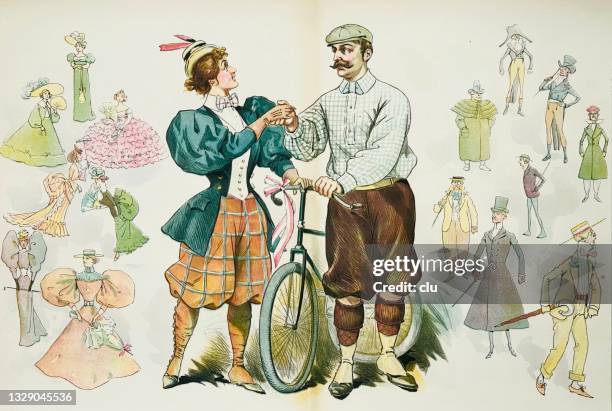 ilustraciones, imágenes clip art, dibujos animados e iconos de stock de la bicicleta - reformador vestido del siglo 19. pareja que presenta moda en bicicleta rodeada de códigos de vestimenta anteriores. - pantalón breeches