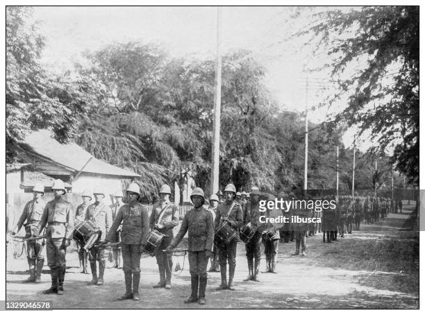 antique black and white photograph: 38th regiment, honolulu, hawaii - us army parade stock illustrations