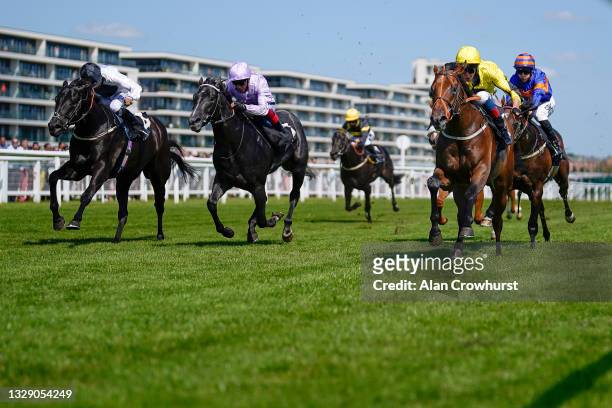 Adam Kirby riding Caturra win The IRE Incentive, It Pays To Buy Irish Rose Bowl Stakes at Newbury Racecourse on July 16, 2021 in Newbury, England....