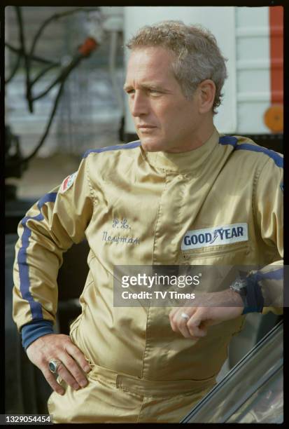 Actor Paul Newman, likely photographed while competing at the NASCAR Permatex 200 Modified race at Daytona International Speedway in Daytona Beach,...