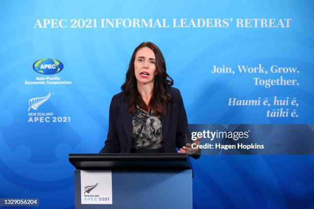 Prime Minister Jacinda Ardern speaks to media during a press conference for the APEC Informal Leaders' Retreat at the Majestic Centre on July 16,...