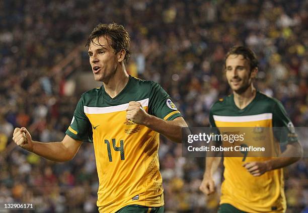 Brett Homan of Australia celebrates after scoring a goal during the 2014 FIFA World Cup Asian Qualifier match between Thailand and the Australian...