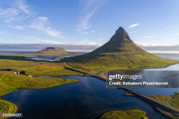 aerial view of summer season kirkjufell mountain landscape and waterfalls below in iceland. - snaefellsnes imagens e fotografias de stock