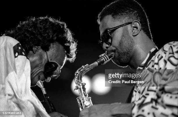 American jazz trumpet player Miles Davis and saxophone player Kenny Garrett perform at North Sea Jazz festival, The Hague, Netherlands, 8 July 1989.