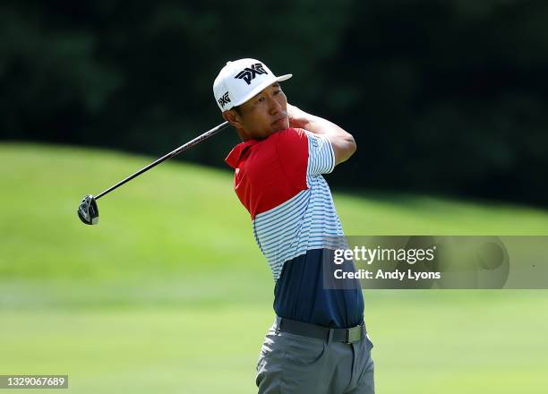 James Hahn plays his second shot on the 11th hole during the second round of the Barbasol Championship at Keene Trace Golf Club on July 16, 2021 in...