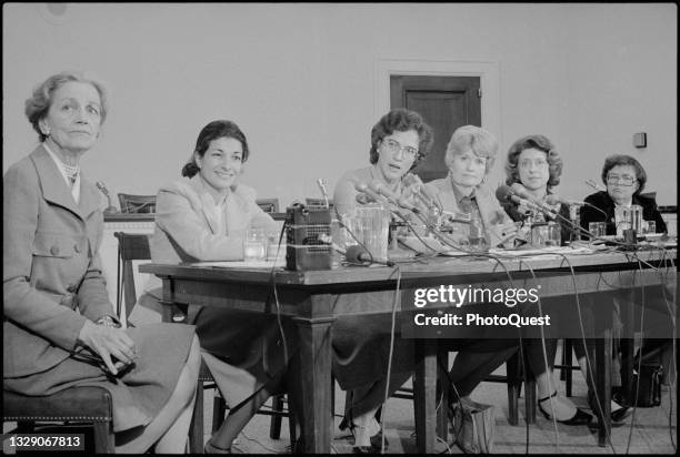 View of six US Representatives during a press conference, Washington DC, November 14, 1979. Members of a congressional delegation, they had recently...