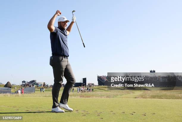 Jonathan Thomson of England celebrates a hole in one on the 16th hole during Day Two of The 149th Open at Royal St George’s Golf Club on July 16,...