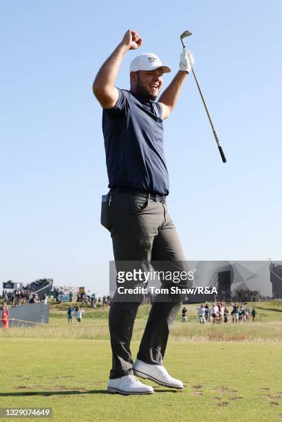 Jonathan Thomson of England celebrates a hole in one on the 16th hole during Day Two of The 149th Open at Royal St George’s Golf Club on July 16,...