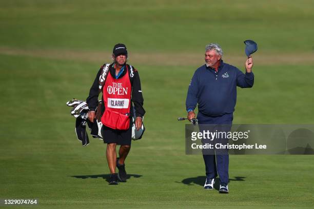 Darren Clarke of Northern Ireland on the 18th green during Day Two of The 149th Open at Royal St George’s Golf Club on July 16, 2021 in Sandwich,...
