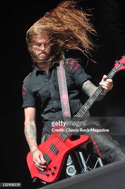 Fredrik Larsson of Hammerfall, live on stage at High Voltage Festival in London, on July 24, 2010.