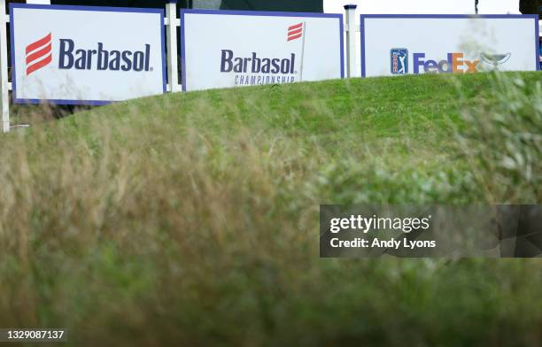 Signage is seen during the second round of the Barbasol Championship at Keene Trace Golf Club on July 16, 2021 in Nicholasville, Kentucky.