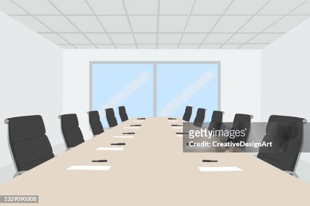 empty meeting room with conference table and office chairs - business meeting stock illustrations