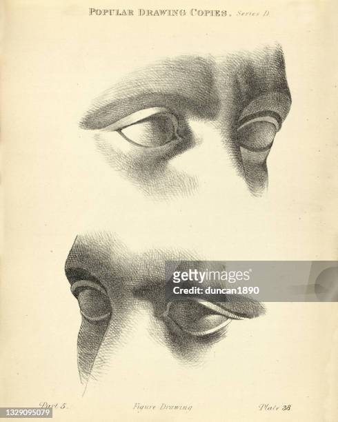 ilustraciones, imágenes clip art, dibujos animados e iconos de stock de esbozando ojos y frente, figuras populares victorianas que dibujan copias del siglo 19 - ceguera