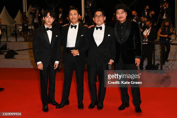 Si-wan Yim, Lee Byung-hun, Jae-rim Han and Kang-ho Song attend the "Bi-Sang-Seon-Eon " screening during the 74th annual Cannes Film Festival on July...