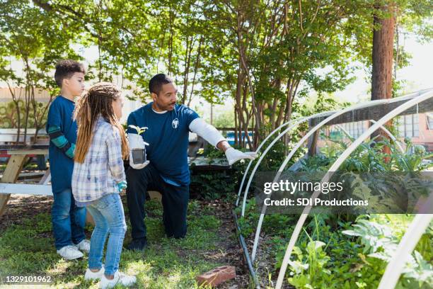 botanist teaches children about gardening - community garden family stock pictures, royalty-free photos & images