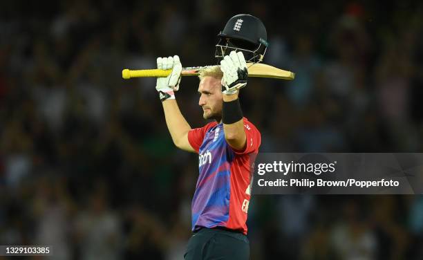 Liam Livingstone of England celebrates reaching his century during the 1st Vitality T20 International between England and Pakistan at Trent Bridge on...