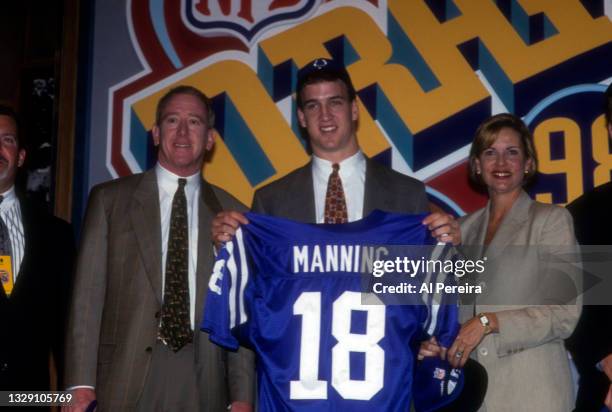 The Indianapolis Colts select Quarterback Peyton Manning of Tennessee first overall at the 1998 National Football League Draft held at The Theater at...