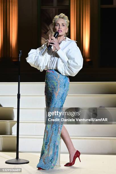 Sharon Stone hosts the amfAR Cannes Gala 2021 at Villa Eilenroc on July 16, 2021 in Cap d'Antibes, France.