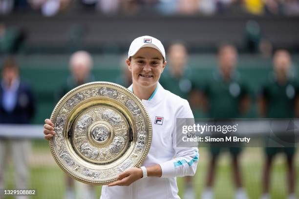 Ashleigh Barty of Australia with the winners trophy after defeating Karolina Pliskova of the Czech Republic after the Women's Singles Final at The...