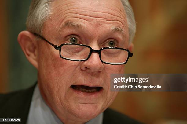 Senate Budget Committee ranking member Sen. Jeff Sessions delivers opening remarks during a hearing on Capitol Hill November 15, 2011 in Washington,...