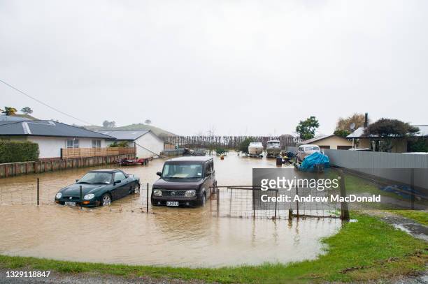 Flooded section in Riwaka on July 17, 2021 in Nelson, New Zealand. Heavy rain and flooding has led to road closures across New Zealand's South Island.