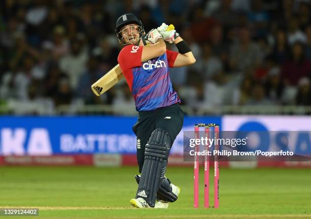 Liam Livingstone of England hits a six during the 1st Vitality T20 International between England and Pakistan at Trent Bridge on July 16, 2021 in...