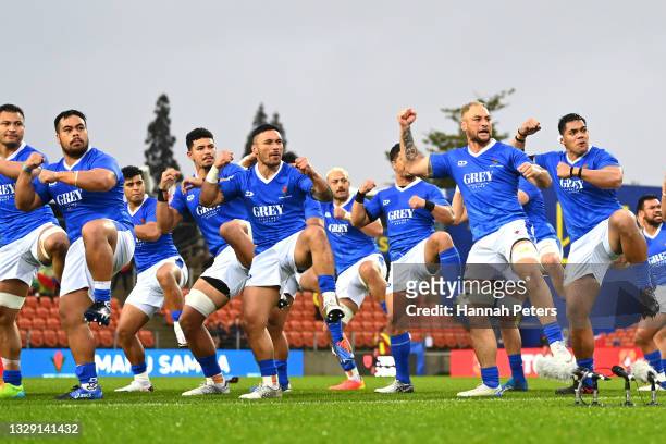 Samoa perform the Siva Tau ahead of the International Test Match and Rugby World Cup Qualifier match between Tonga and Samoa at FMG Stadium Waikato...