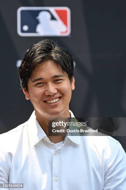 Shohei Ohtani of the Los Angeles Angels discusses being named the American League starting pitcher for the All Star Game in a press conference...