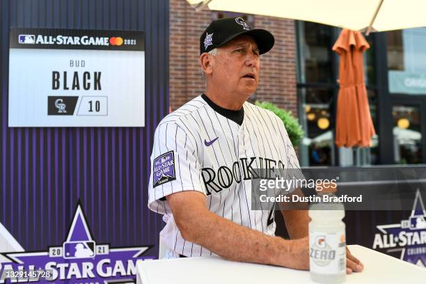 Bud Black of the Colorado Rockies talks to reporters during the Gatorade All-Star Workout Day outside of Coors Field on July 12, 2021 in Denver,...