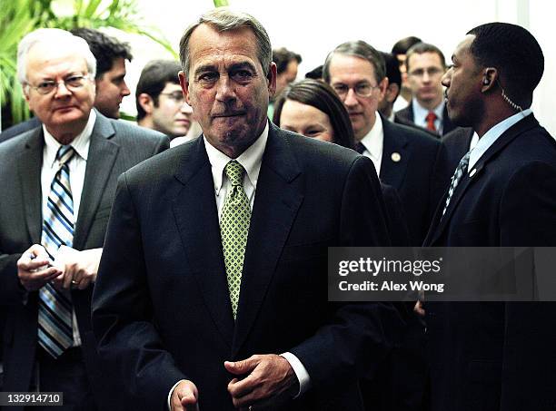 Speaker of the House Rep. John Boehner arrives for a media availability after a closed Republican Conference meeting November 15, 2011 on Capitol...