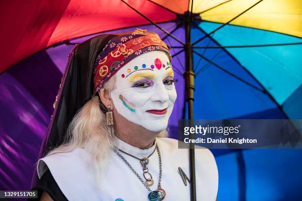 Sister Ida of the San Diego Sisters of Perpetual Indulgence attends Spirit of Stonewall Rally during San Diego Pride Week on July 16, 2021 in San...