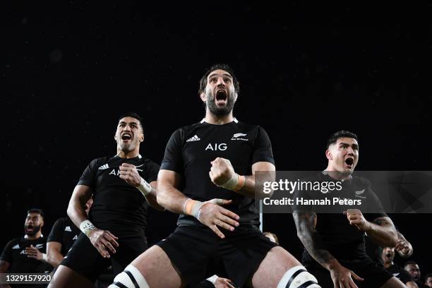 Samuel Whitelock of the All Blacks performs the haka ahead of during the International Test Match between the New Zealand All Blacks and Fiji at FMG...