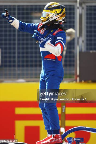 Race winner Robert Shwartzman of Russia and Prema Racing celebrates in parc ferme during sprint race 1 of Round 4:Silverstone of the Formula 2...