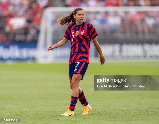 Tobin Heath of the USWNT looks to the ball during a game between Mexico and USWNT at Rentschler Field on July 5, 2021 in East Hartford, Connecticut.