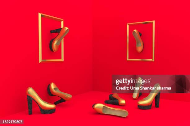 golden high heel pumps randomly placed in a red room, two of them are framed on the walls. it's a computer generated 3d image. - high heel stockfoto's en -beelden
