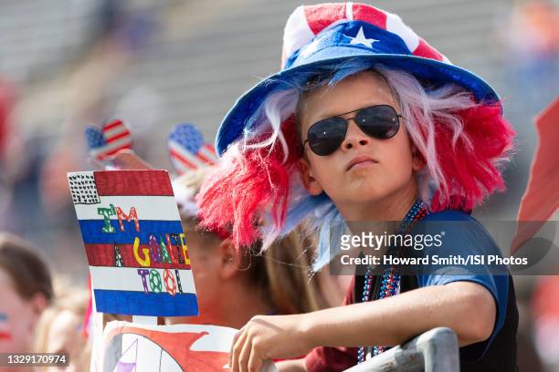 Fas watch the teams warmup before a game between Mexico and USWNT at Rentschler Field on July 5, 2021 in East Hartford, Connecticut.
