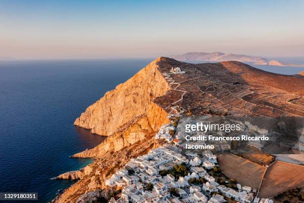 greece, cyclades islands, folegandros island, hora. church panagia on the top. aerial view - ägäisches meer stock-fotos und bilder