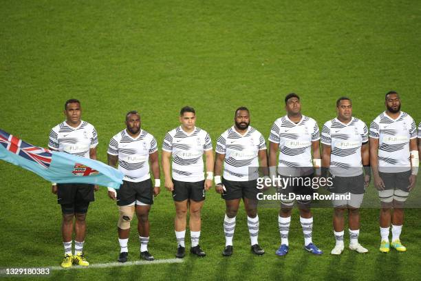 Captain Leone Nakarawa of Fiji with team during national anthems before the International Test Match between the New Zealand All Blacks and Fiji at...