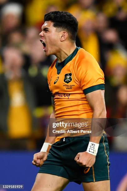 Noah Lolesio of the Wallabies celebrates scoring a try during the International Test Match between the Australian Wallabies and France at Suncorp...