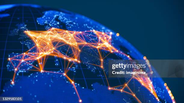 global communication network (world map credits to nasa) - global imagens e fotografias de stock