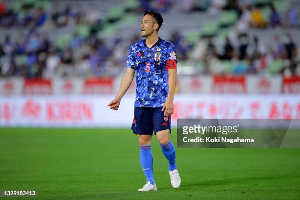 Maya Yoshida of Japan is seen during the U-24 international friendly match between Japan and Spain at the Noevir Stadium Kobe on July 17, 2021 in...