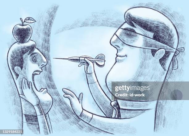 mann mit verbundenen augen wirft dart - apfelschuss stock-grafiken, -clipart, -cartoons und -symbole